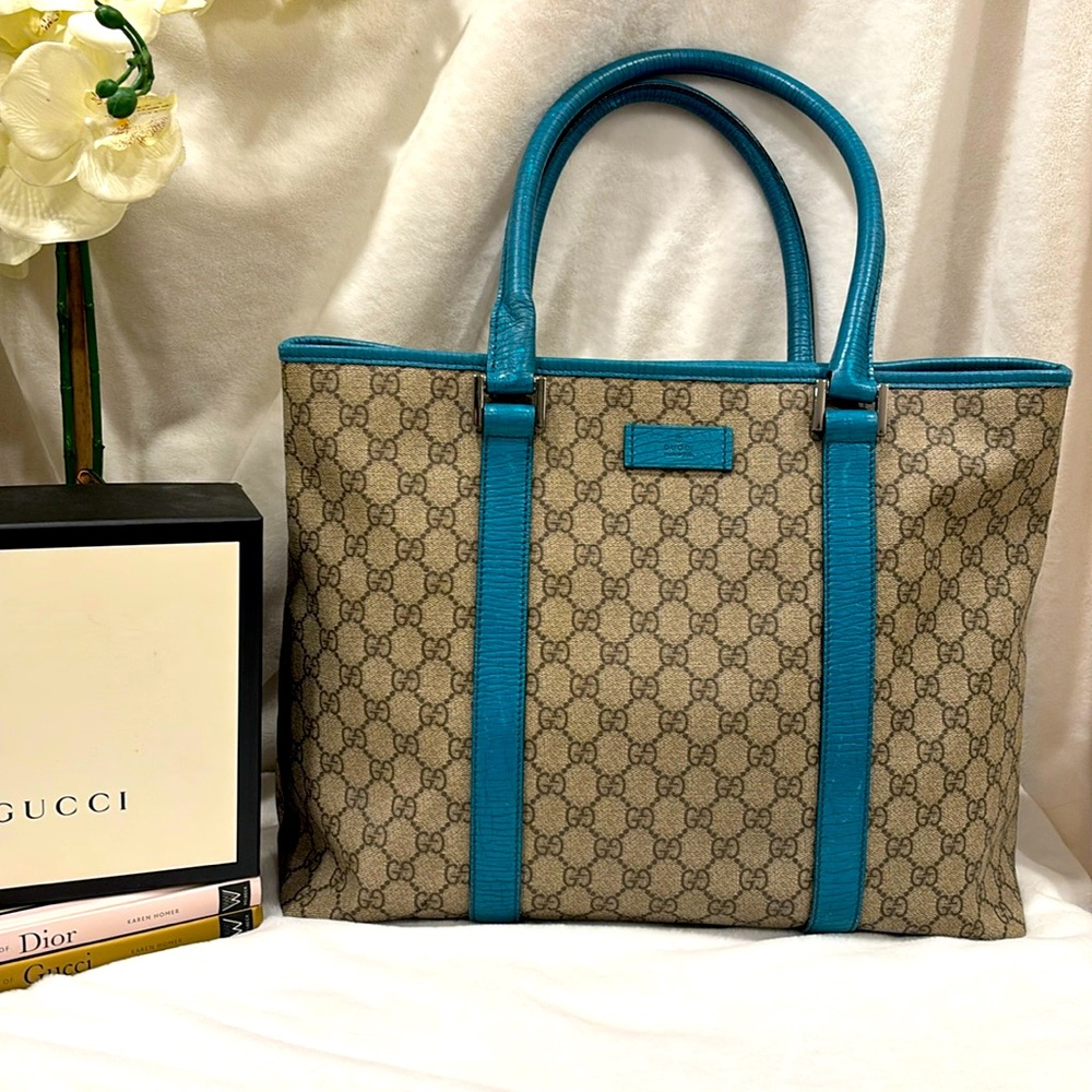 Gucci Brown GG Supreme Joy Tote Bag Blue Beige